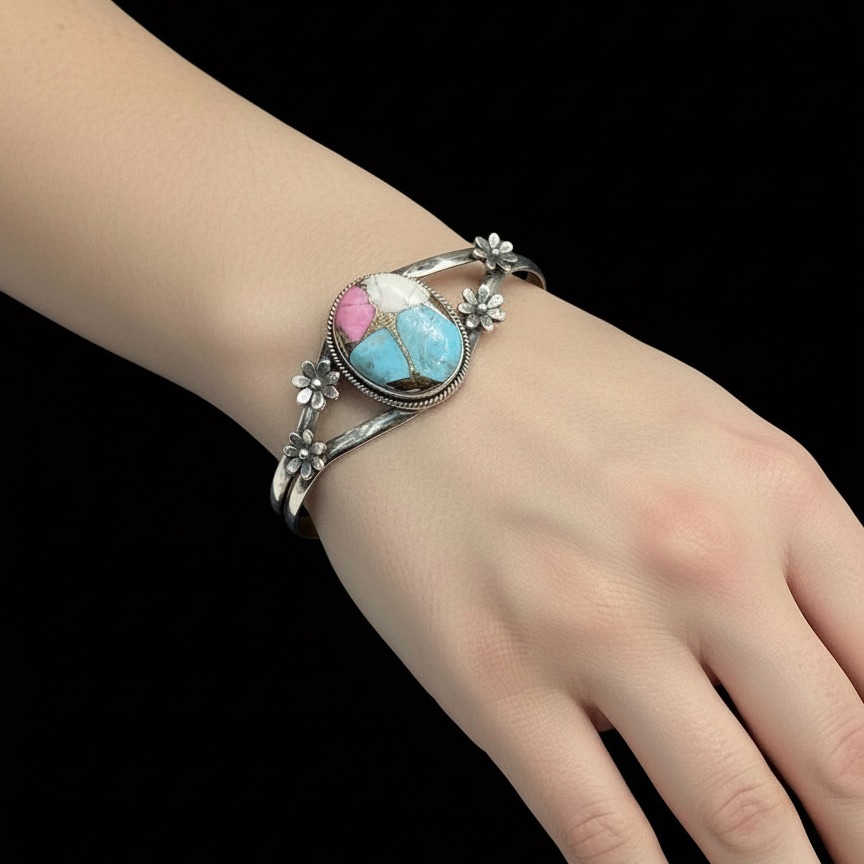 Floral Sterling Silver Bracelet With Cotton Candy, Turquoise Stone.
